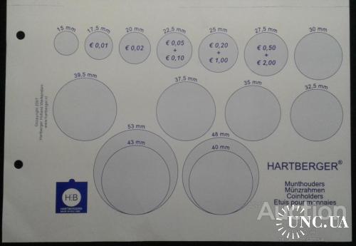 Карта определитель диаметра для ХОЛДЕРОВ рамок для монет HARTBERGER (Нидерланды)