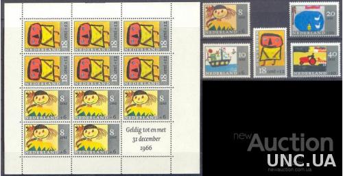 Нидерланды 1965 марки - детям дети рисунки флот трактор с/х птицы лист + серия ** о