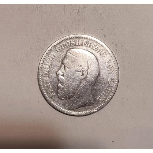 2 Марки Германия империя. Баден 1876 год G. Серебро