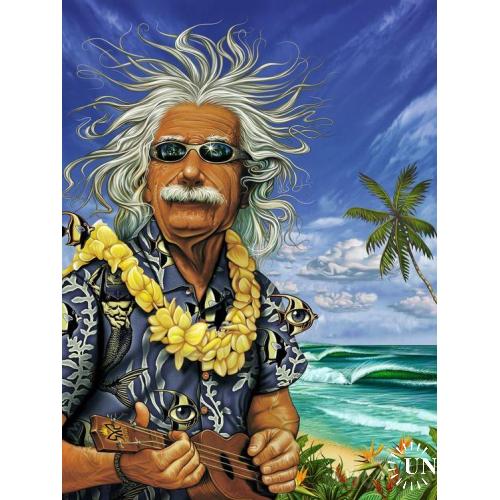 Альберт Эйнштейн, хиппи, играет на гавайской укулеле.