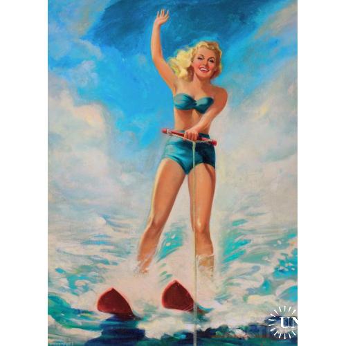 Американский комикс. Блондинка катается на водных лыжах.