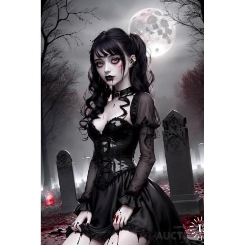 Брюнетка-вампир поджидает упырей на кладбище.