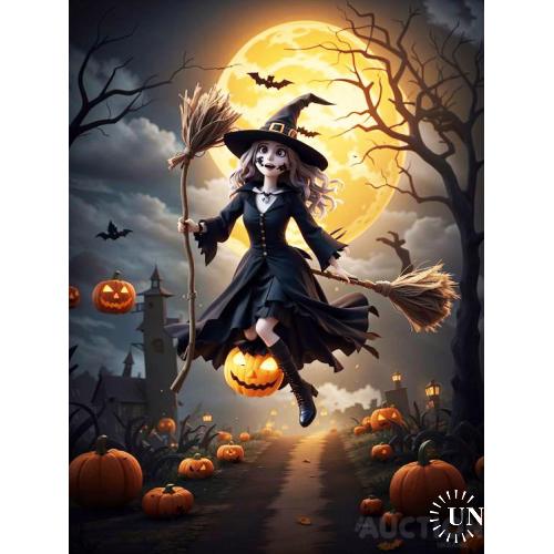 Хэллоуин. Ведьма с двумя метлами и летающие тыквы.