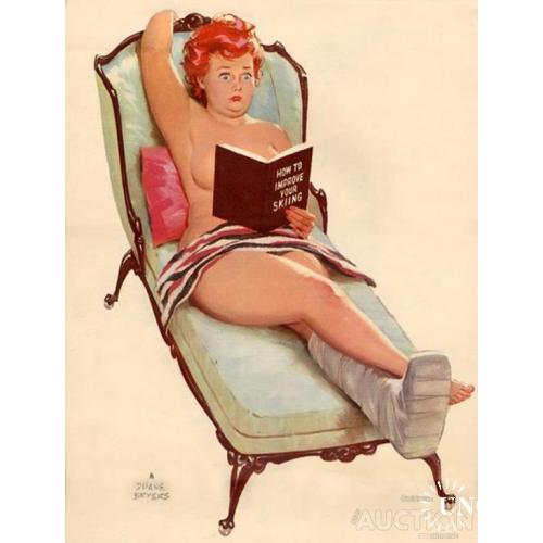 Хильда читает книгу с ногой в гипсе.