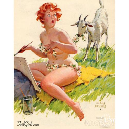Хильда рисует картину, а сзади коза съела ее лифчик и трусы.