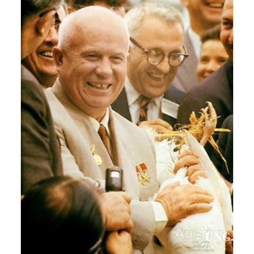 Никита Хрущев в США держит в руках подаренного гуся.