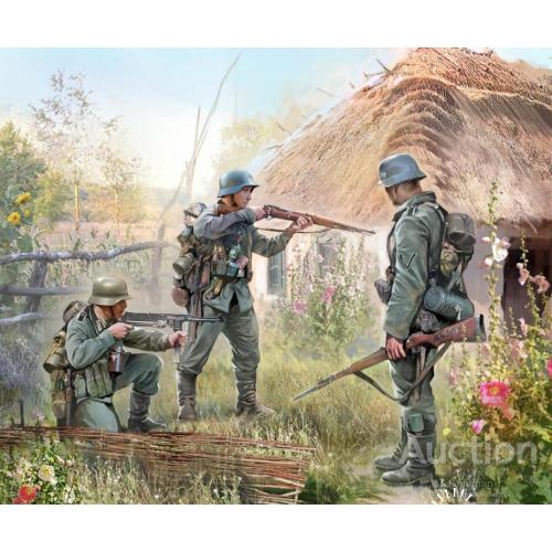 Три солдата вермахта обыскивают сельские хаты.