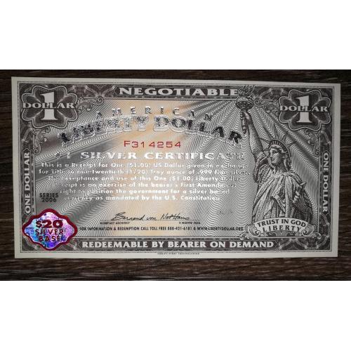 1 долар США 22 серпня 2006. УФ, голограма. Срібний сертифікат.