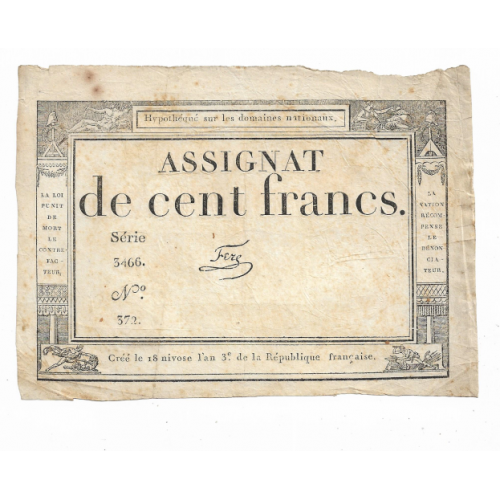 100 франков 1795 Старая Франция 18 нивоза 3 года республики. Революция. Вод. знаки.