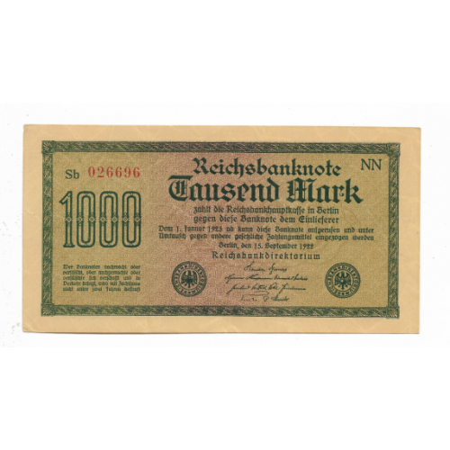 1000 марок 1922 1923 Германия. № высокий красный, символы NN Firmenzeichen. ВЗ - "листья".