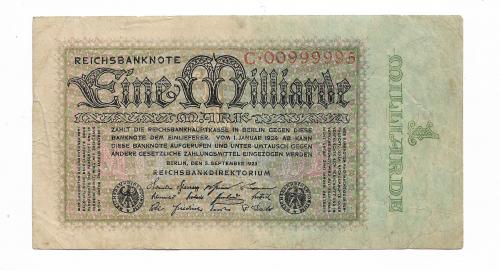 1000000000 миллиард млрд марок 1923 Германия 7-й выпуск супер-номер С 00999995