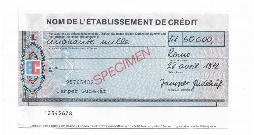 50000 итал. лир Specimen образец чек с вод. знаками Французский язык 1972 Giesecke &amp; Devrient