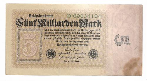 5000000000 миллиардов 5 млрд марок 1923 Германия 1-й выпуск номер 0003...