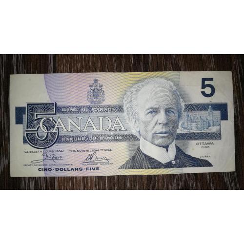 CANADA Канада 5 доларів 1986 Нечастий підпис: Crow,  Bouey. Цифри на рев. сині(2-й тип).