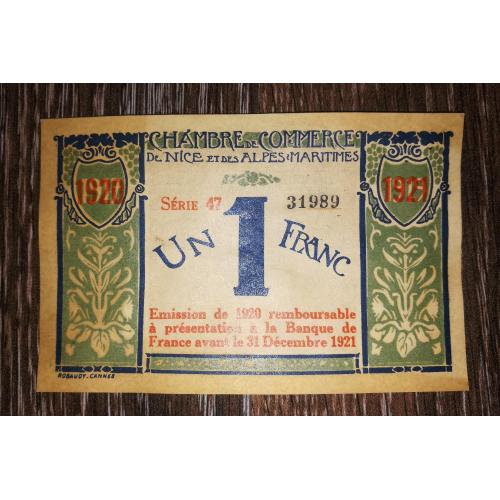 FRANCE Франція 1 франк нотгельд. Ніца, Приморські Альпи 1920 1921 З №! Стара дата 1917 1919 передрук