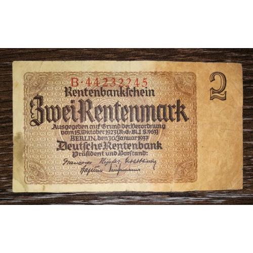 Germany Німеччина 2 рентенмарки 30 січня 1937 8 цифр в №. Reichsdruck 44232245