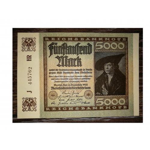 GERMANY Німеччина 5000 марок 1922 № низький, префікс - 1-а літера. UNC-. Серія HR. ВЗ: G і D в зірці