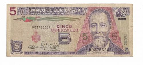 Гватемала 5 кетсалей 3 января 1990, редкая. Номер! ....6666