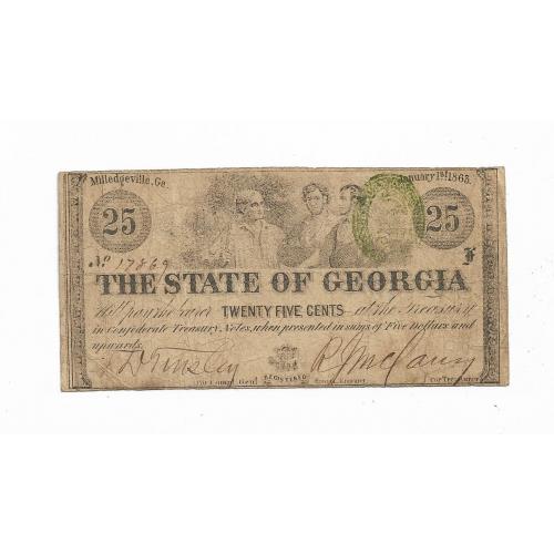 КША США Кондедерация 25 центов 1863 Джорджия, Georgia оригинал. Редкость