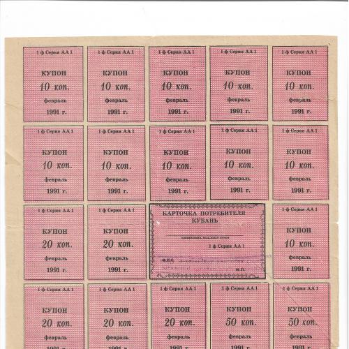 Hed-25 Кубань 1991 карта потребителя, номиналы в копейках февраль. Редкая