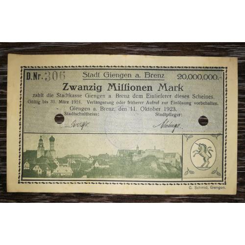 Німеччина Гінген-на-Бренці 20000000 марок 20 млн 1923 з вод. знаками