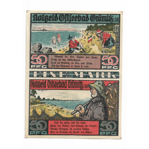 Нотгельд Гремиц Шлезвиг-Гольштейн 1921 Германия 1 марка = 50 + 50 пфеннигов Сцепка! редкость
