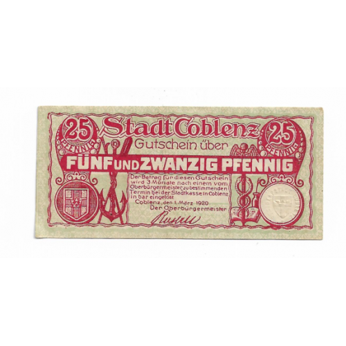 Нотгельд Кобленц 25 пфеннигов Германия 1920 вод. знаки и конгрев. Оригинал