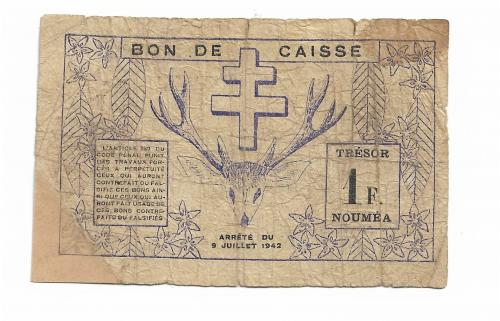 Новая Каледония 1 франк 15 июля 1942 нечастая, с реставрацией