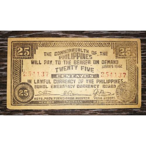 PHILIPPINES Філіппіни BOHOL 25 сентаво 1942 період окупації Японією. № S133 по каталогу