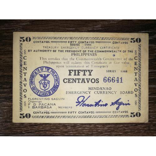 PHILIPPINES Філіппіни Мінданао 50 сентаво 1944 серія 5(2-га емісія 2-й випуск) РS522b № 5 цифр 666..
