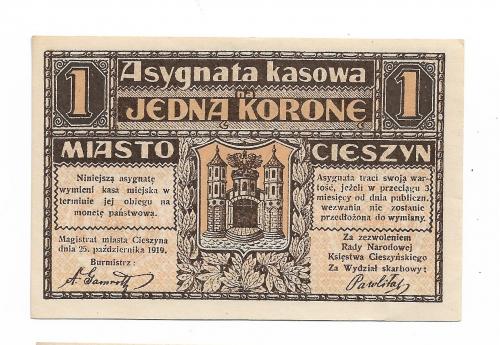 Польша Цешин 1 крона 1919 немецкий и польский языки. 