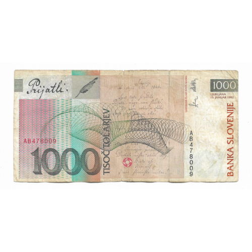 SLOVENIA Словенія 1000 толарів 15 січня 1992 1-й випуск