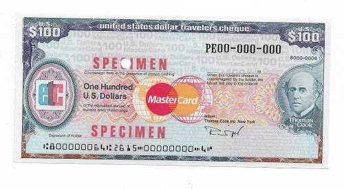 США 100 долларов образец specimen дорожный чек Томас Кук Мастеркард