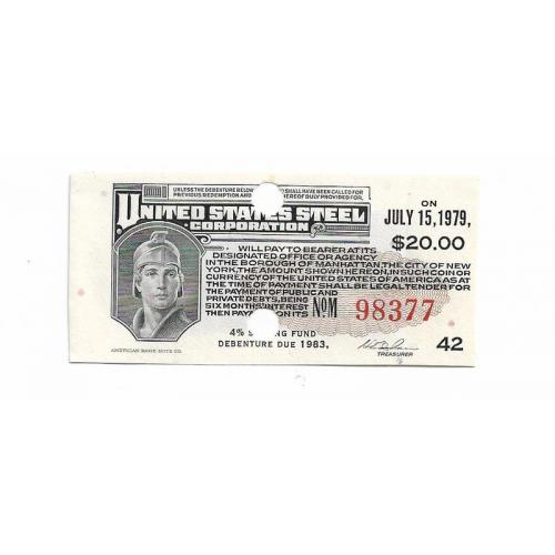 США купон 20 долларов 15 июля 1979 №42 United States Steel Corporation, "банкнотная бумага"
