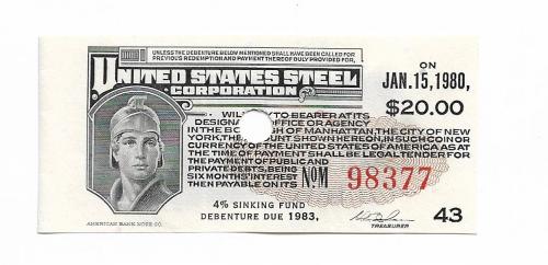США купон 20 долларов 15 января 1980 №43 United States Steel Corporation, "банкнотная бумага"