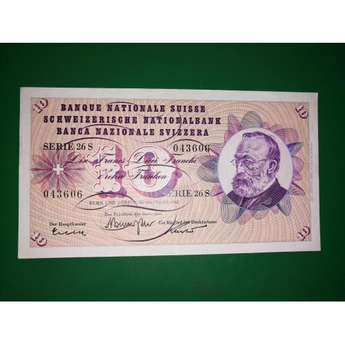 SWITZERLAND 10 франков Швейцария 26 октября 1961 Brenno Galli, R. Motta, Kunz. 1955 - 1977