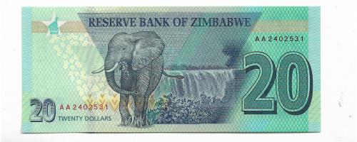 Зимбабве 20 долларов 2020 UNC эквивалент доллара США.