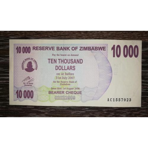 ZIMBABWE Зімбабве 10000 доларів 2007 2006. 2-й випуск, 10 окремо від 000.