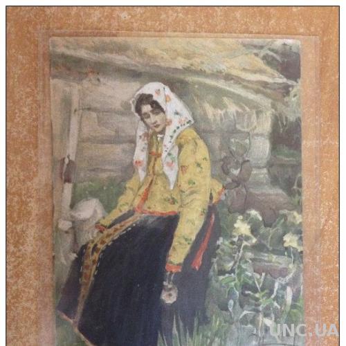 Старинная открытка Русский  пейтер Женщина возле дома