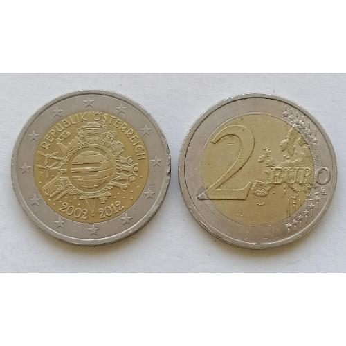 Австрия 2 евро 2012г. 10 лет наличном евро. 