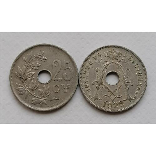 Бельгия 25 сантимов 1922г. ROYAUME DE BELGIQUE. 