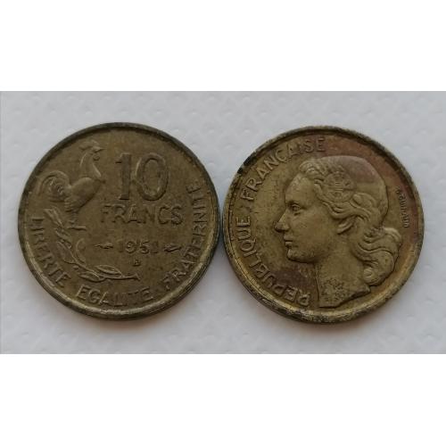 Франция 10 франков 1951г. Метка "B" - Бомон-ле-Роже. 