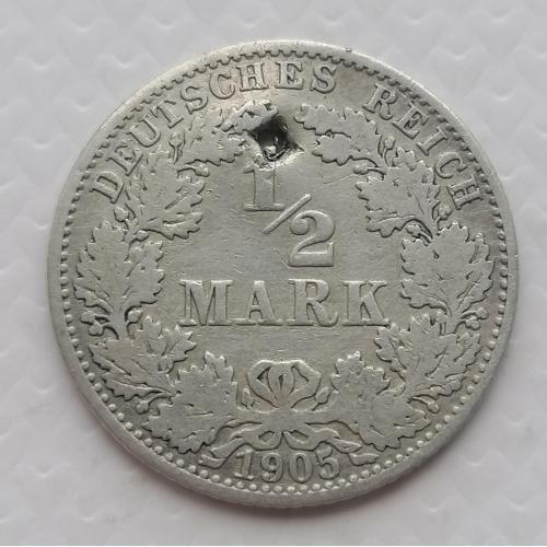 Германия 1/2 марки 1905г. Метка А. Серебро. 