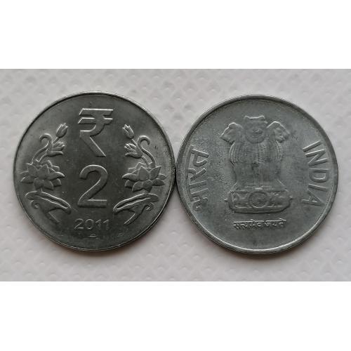 Индия 2 рупии 2011г.  Символ Рупии "र". Метка : "°" 