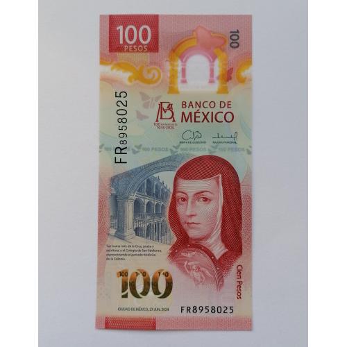 Мексика 100 песо 2024г. UNC. Polimer. 100-летие банка Мексика. 