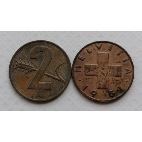 Швейцария 2 раппена 1951г.