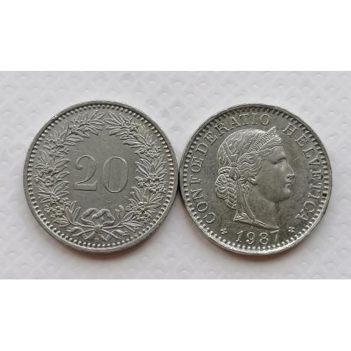 Швейцария 20 раппен 1987г.