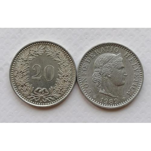 Швейцария 20 раппен 1989г.