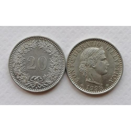 Швейцария 20 раппен 1998г.