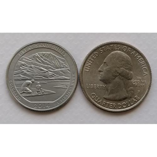 США 1/4 доллара 2014г.Грейт-Санд-Дьюнс. Метка P. 